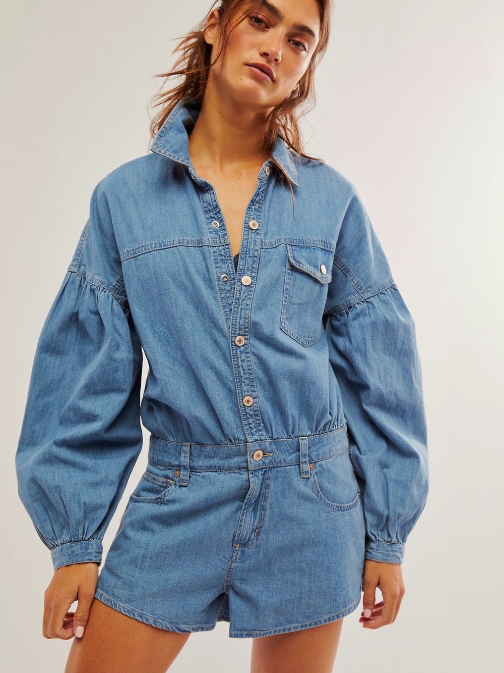 🌟 Free People We The Free Zodiac Chambray One-Piece Denim Romper Size Medium